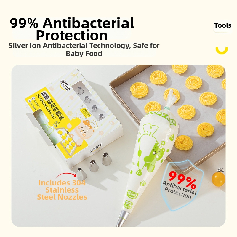 Pārtikas kvalitātes vienreizējās lietošanas špricēšanas maisiņš, bieza un izturīga pret plīsumiem, komplekts uzgalīšu, PE materiāls, kastē iepakots, izmanto krēmu izspiešanai un cepšanai