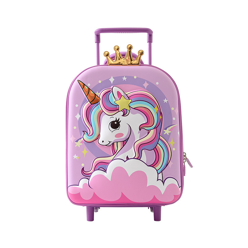 Detský cestovný kufor na kolieskach – motív kreslených postáv morská panna a jednorožec, ľahký EVA materiál, hmotnosť 0.73 kg, otváranie zipsom, jednosmerné kolieska, vodotesný