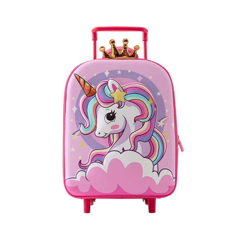 Detský cestovný kufor na kolieskach – motív kreslených postáv morská panna a jednorožec, ľahký EVA materiál, hmotnosť 0.73 kg, otváranie zipsom, jednosmerné kolieska, vodotesný