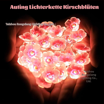 LED svetelný reťaz s medeným drôtom, kvety pre vonkajšie použitie — čerešňa a broskyňa, 5V batériové napájanie, ručný vypínač, prispôsobiteľný
