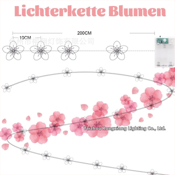 LED svetelný reťaz s medeným drôtom, kvety pre vonkajšie použitie — čerešňa a broskyňa, 5V batériové napájanie, ručný vypínač, prispôsobiteľný