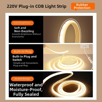 COB LED juostelė, silikonas, 220V, IP65 atsparus vandeniui, 10–15W, vidaus ir lauko naudojimui