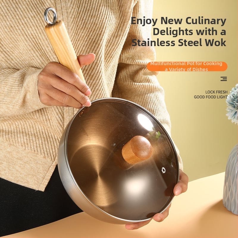 Wok z 304 nehrdzavejúcej ocele s nepriľnavým povrchom, sklenené viečko, jedno dno, vhodné pre všetky platne