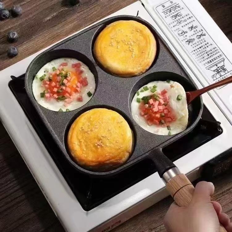 Litínová panvica na vajíčka so štyrmi otvormi, nepriľnavým povrchom, kompatibilná s plynovým a indukčným varičom