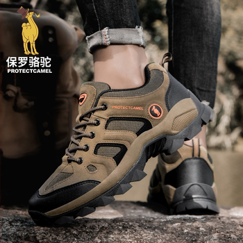 Turistické topánky pre mužov, nízky vrch z umelej kože, gumová stredná podrážka, protišmyková gumová podrážka, šnurovanie vpredu