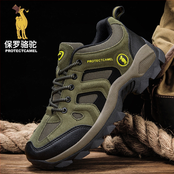 Turistické topánky pre mužov, nízky vrch z umelej kože, gumová stredná podrážka, protišmyková gumová podrážka, šnurovanie vpredu