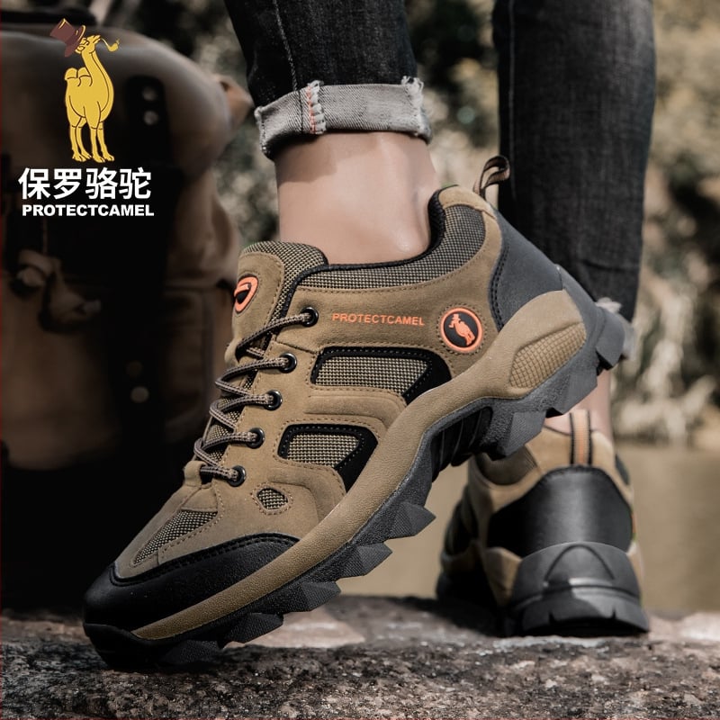 Turistické topánky pre mužov, nízky vrch z umelej kože, gumová stredná podrážka, protišmyková gumová podrážka, šnurovanie vpredu