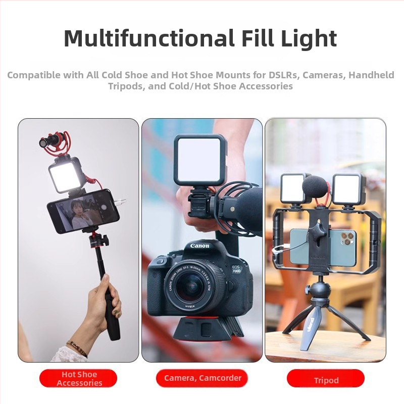 Mini rokas apgaismojums fotografēšanai — regulējama krāsu temperatūra 2500K–9900K, AA bateriju darbība, mazāk par 10W, piemērots tiešraidei, fotografēšanai un video