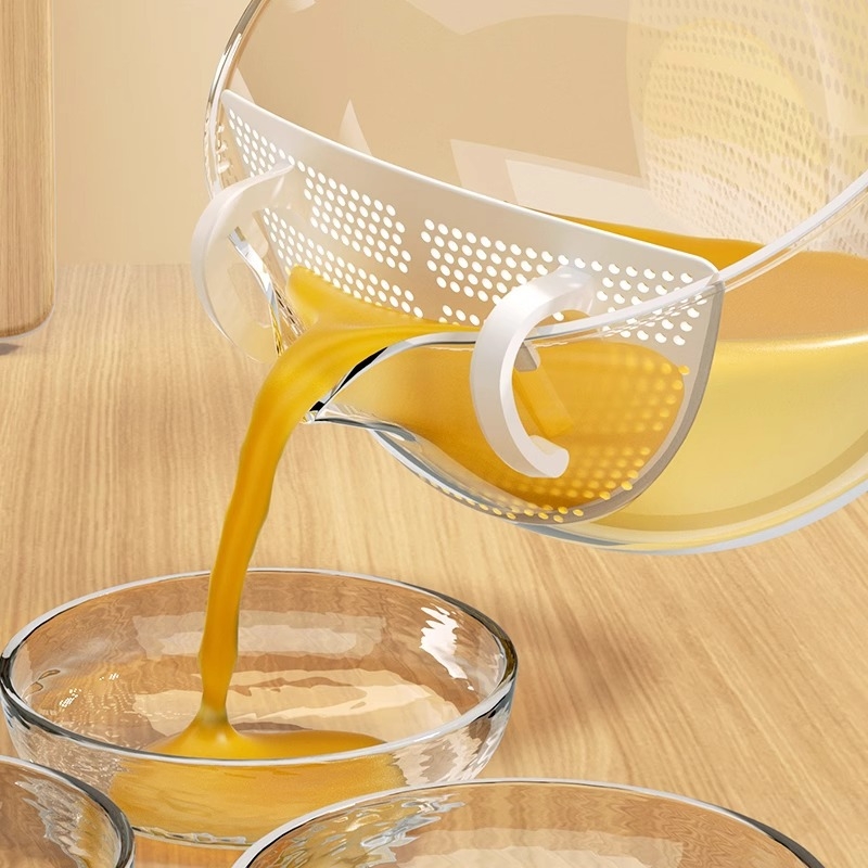 Căniță de măsurat din plastic cu filtru, grad alimentar, pentru ouă și lichide, cu sită de filtrare