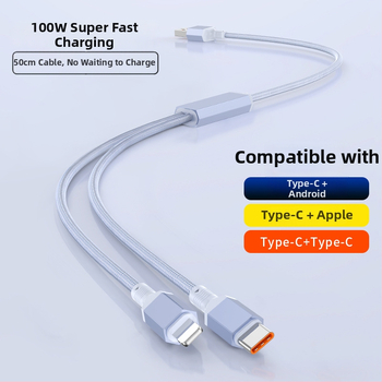 2-in-1 greito įkrovimo duomenų kabelis su USB-C, Lightning ir Micro USB, megztas, 1 į 2 skirstytuvą