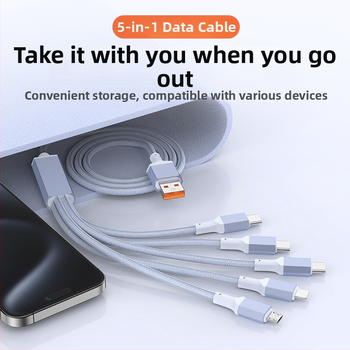 2-in-1 greito įkrovimo duomenų kabelis su USB-C, Lightning ir Micro USB, megztas, 1 į 2 skirstytuvą