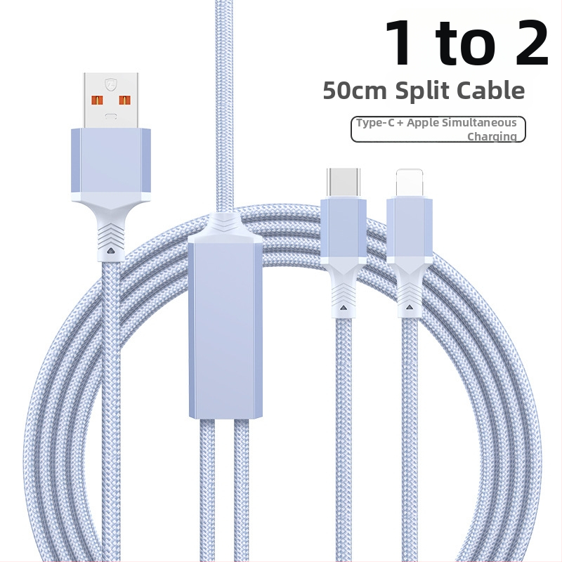 2-in-1 greito įkrovimo duomenų kabelis su USB-C, Lightning ir Micro USB, megztas, 1 į 2 skirstytuvą
