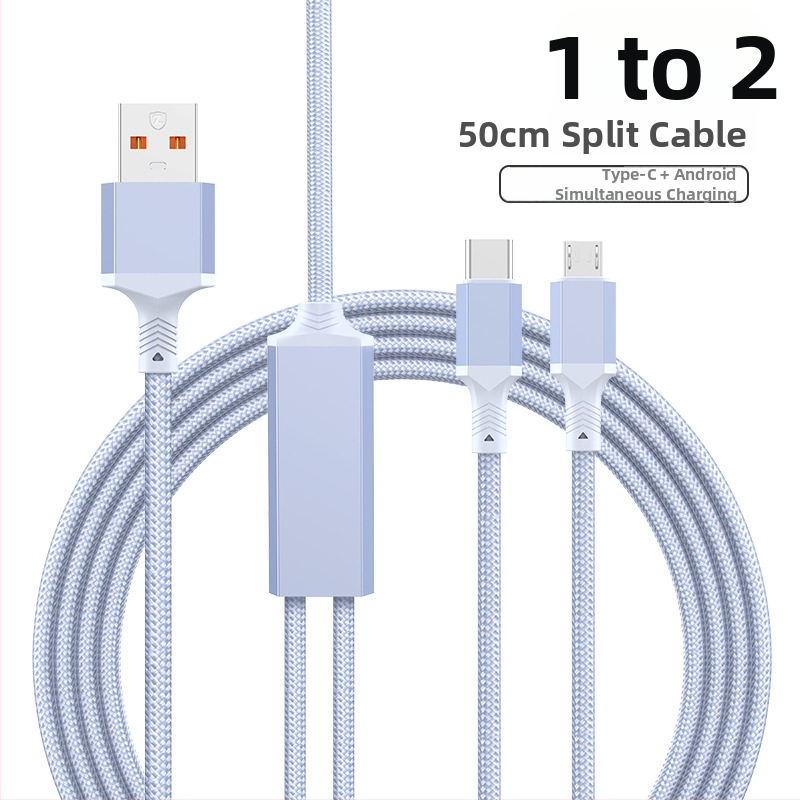2-in-1 greito įkrovimo duomenų kabelis su USB-C, Lightning ir Micro USB, megztas, 1 į 2 skirstytuvą