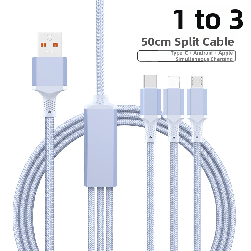 2-in-1 greito įkrovimo duomenų kabelis su USB-C, Lightning ir Micro USB, megztas, 1 į 2 skirstytuvą