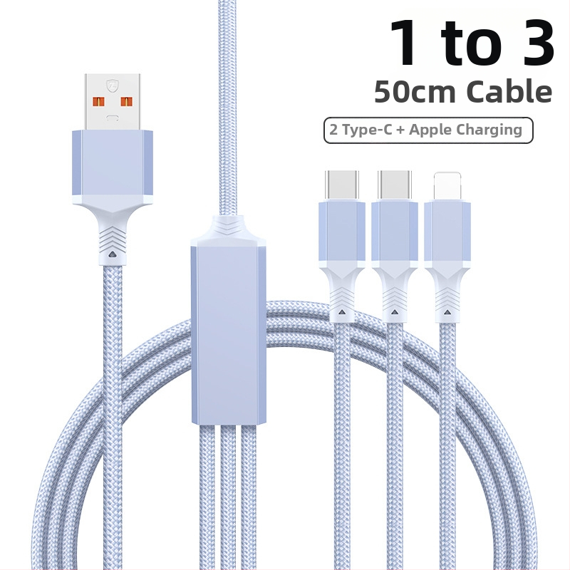 2-in-1 greito įkrovimo duomenų kabelis su USB-C, Lightning ir Micro USB, megztas, 1 į 2 skirstytuvą