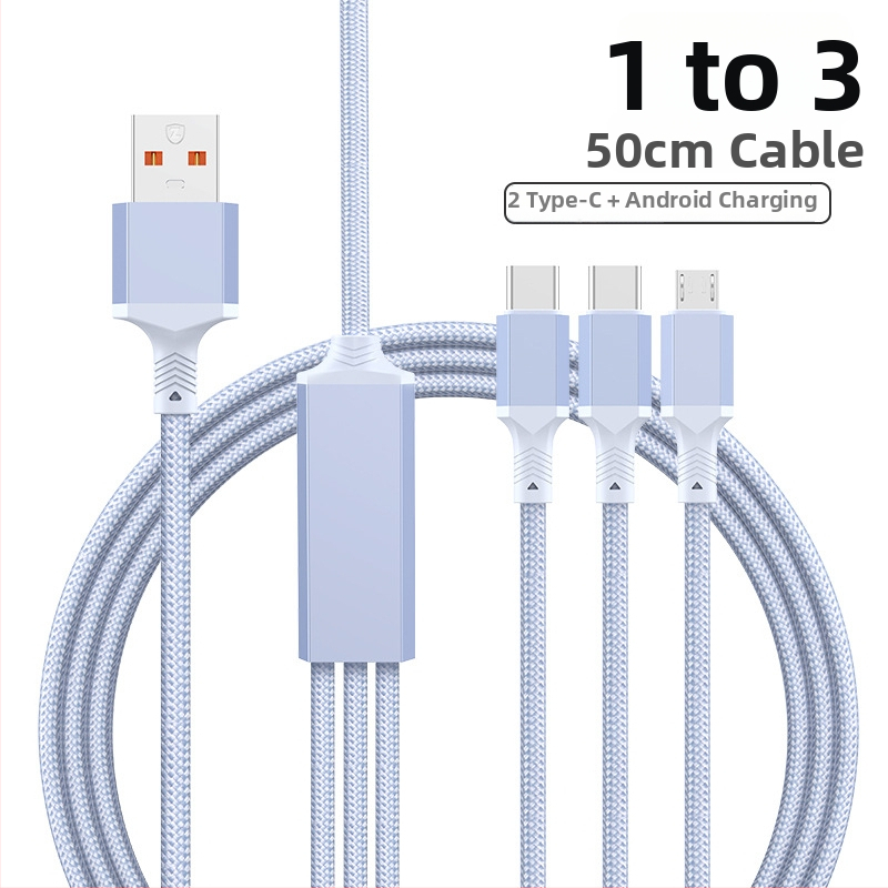 2-in-1 greito įkrovimo duomenų kabelis su USB-C, Lightning ir Micro USB, megztas, 1 į 2 skirstytuvą