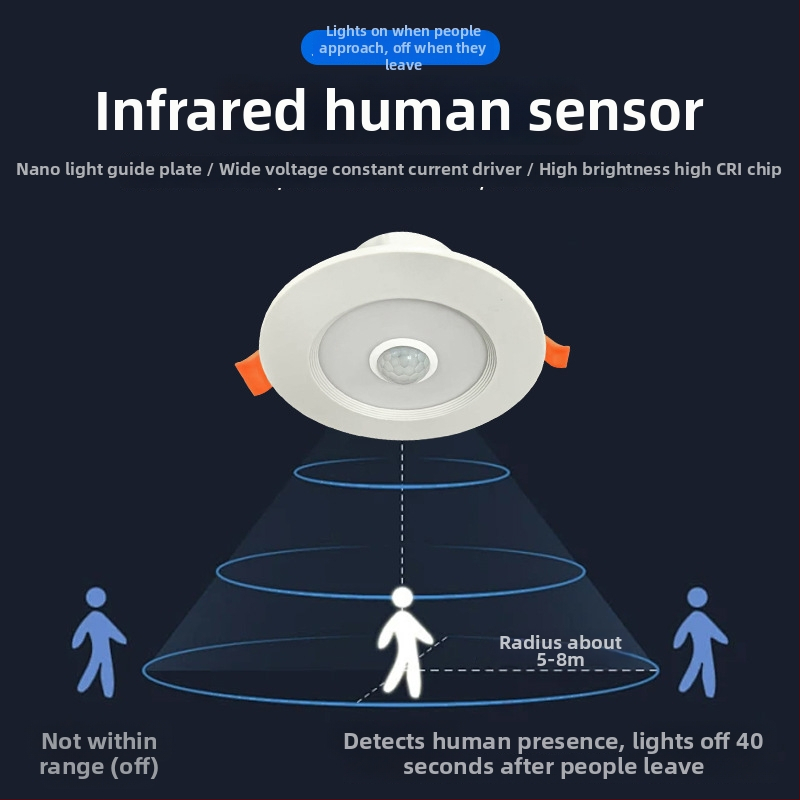 Vnorené LED downlight so senzorom pohybu pre vstupnú halu a chodbu, 220V, 4500K, CRI ≥90, skrytá montáž, životnosť 20000 h
