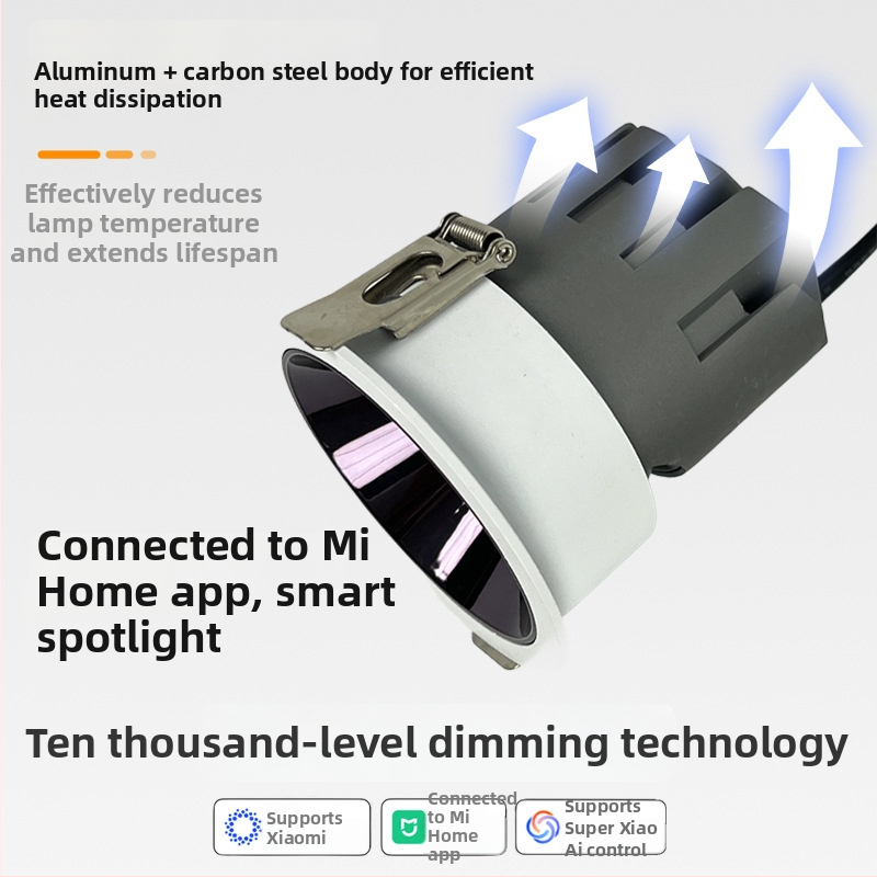 Inteligentný COB vstavaný bodový reflektor do obývačky, CRI ≥95, napätie ≤36V, stmievanie a jemné nastavenie farieb až do 10 000 úrovní, model RT-R03, hliníkové puzdro