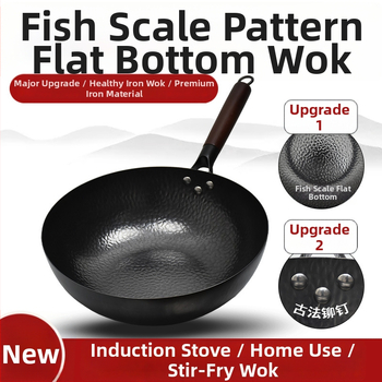 Wok s plochým dnom pre indukčné varné dosky, neošľachtený a bez povlaku, z rafinovaného železa, s viečkom z nehrdzavejúcej ocele so sklennou vložkou