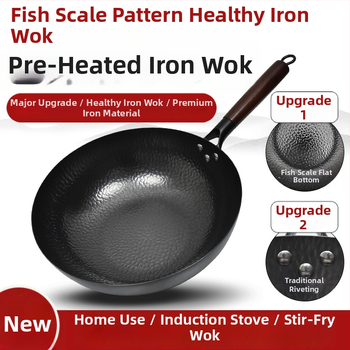 Wok s plochým dnom pre indukčné varné dosky, neošľachtený a bez povlaku, z rafinovaného železa, s viečkom z nehrdzavejúcej ocele so sklennou vložkou