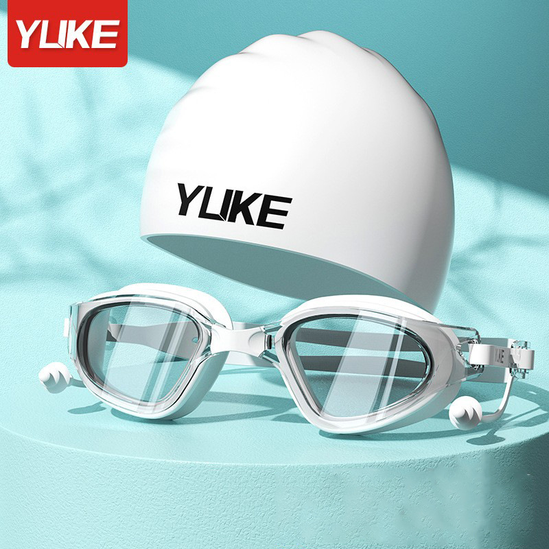 Antifog plaukimo akiniai su dideliu rėmeliu, komplektas su plaukimo kepure suaugusiems – polikarbonato lęšiai, vandeniui atsparūs