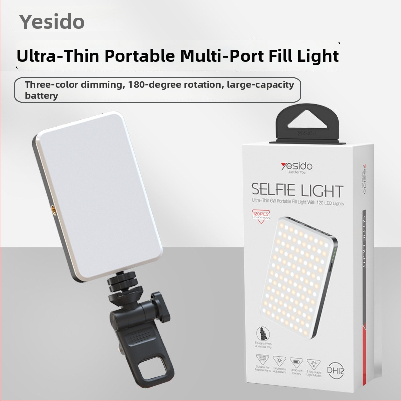 Yesido Dopĺňajúce svetlo – Prenosné ručné LED pre fotografiu, živé vysielanie krásy a videohovory; 6W, vstavaná batéria, model DH12