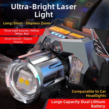 LED čelovka s tromi LED režimami pre nočné vonkajšie rybárčenie, 30W, 360° otočný, dosah lúča nad 500 m, vstavaná Li-ion batéria