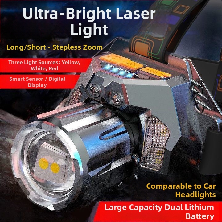 LED čelovka s tromi LED režimami pre nočné vonkajšie rybárčenie, 30W, 360° otočný, dosah lúča nad 500 m, vstavaná Li-ion batéria