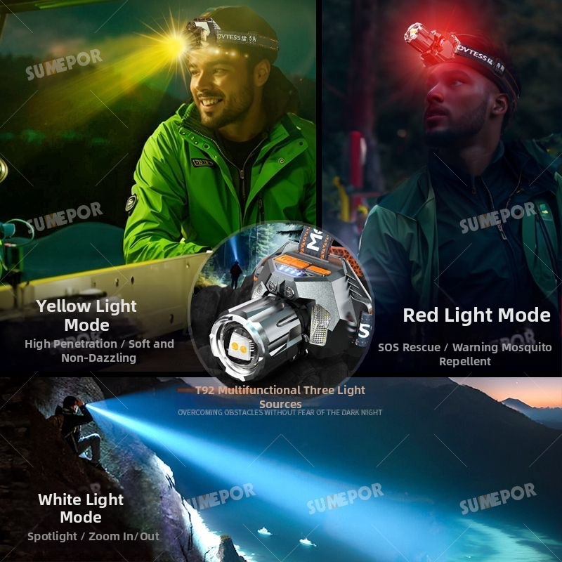 LED čelovka s tromi LED režimami pre nočné vonkajšie rybárčenie, 30W, 360° otočný, dosah lúča nad 500 m, vstavaná Li-ion batéria