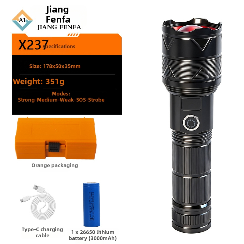 Ručná baterka FF-X237 s USB nabíjaním a zobrazovaním batérie, 20W LED, 3000mAh, hliníkové telo IPX65