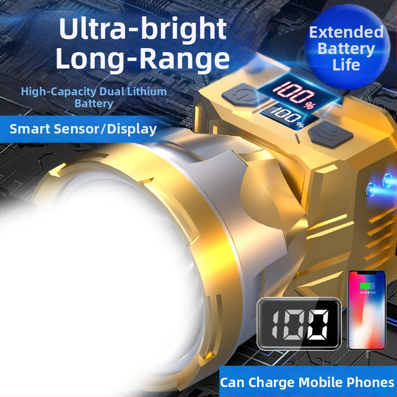 Čelovka s veľkým lúčom, 5W, 2400mAh, 360° otáčanie, ručné napájanie, nabíjačka súčasťou, na nočné rybolenie a kempovanie