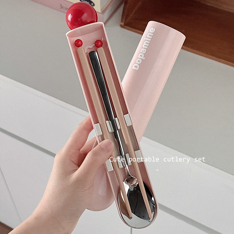 Σετ μαχαιροπίρουνα από ανοξείδωτο χάλυβα 304, με φινίρισμα καθρέφτη, περιλαμβάνει μαχαίρι, πιρούνι, κουτάλι και ξυλάκια, με φορητό κουτί αποθήκευσης, μοντέρνο απλό στυλ