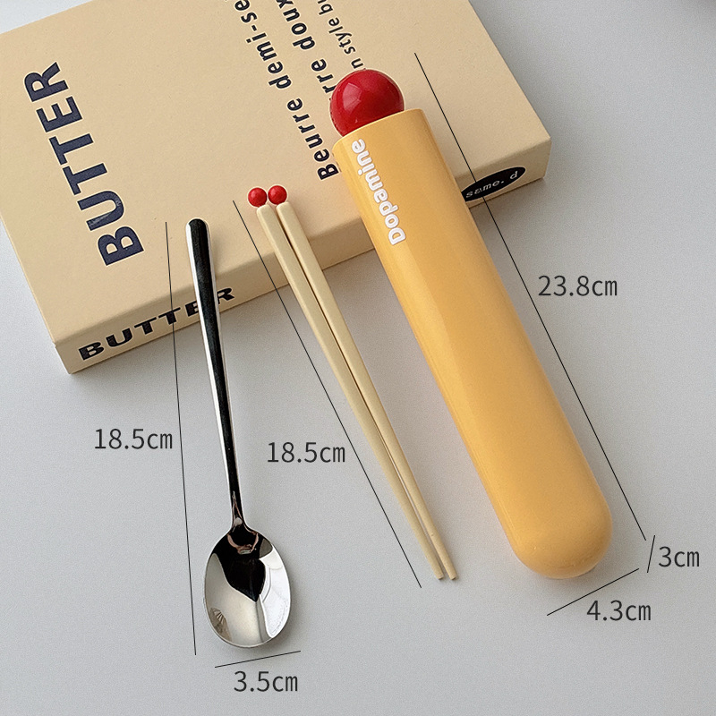 Σετ μαχαιροπίρουνα από ανοξείδωτο χάλυβα 304, με φινίρισμα καθρέφτη, περιλαμβάνει μαχαίρι, πιρούνι, κουτάλι και ξυλάκια, με φορητό κουτί αποθήκευσης, μοντέρνο απλό στυλ