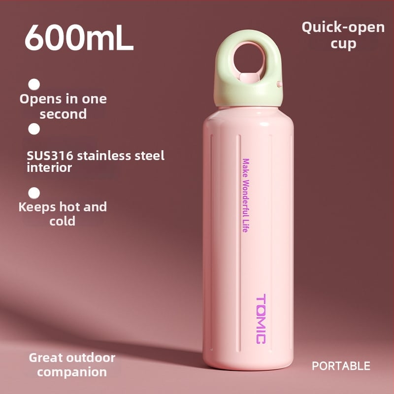 Tomic izolovaný pohár z nehrdzavejúcej ocele s bezšroubovým rýchlym otvorením, vnútorná 316, vonkajšia 304, izolácia 24–36 h, prenosný, gravírovanie laserom k dispozícii