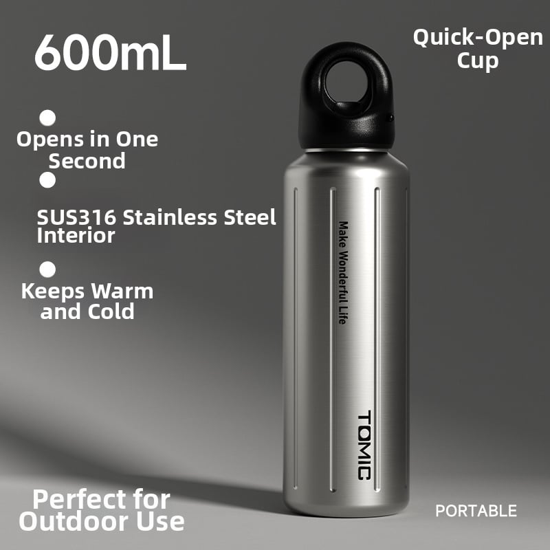 Tomic izolovaný pohár z nehrdzavejúcej ocele s bezšroubovým rýchlym otvorením, vnútorná 316, vonkajšia 304, izolácia 24–36 h, prenosný, gravírovanie laserom k dispozícii