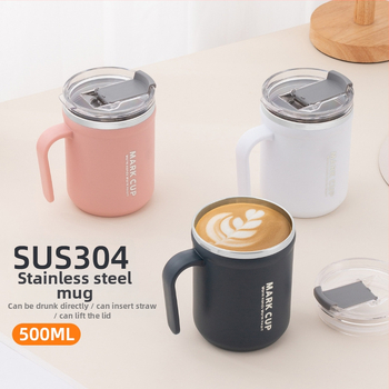 Pohár z 304 nehrdzavejúcej ocele s viečkom a držadlom — proti popáleniu, vhodný na kávu/mlieko, kancelárske použitie