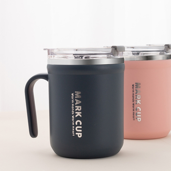 Pohár z 304 nehrdzavejúcej ocele s viečkom a držadlom — proti popáleniu, vhodný na kávu/mlieko, kancelárske použitie