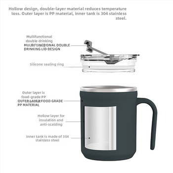 Pohár z 304 nehrdzavejúcej ocele s viečkom a držadlom — proti popáleniu, vhodný na kávu/mlieko, kancelárske použitie