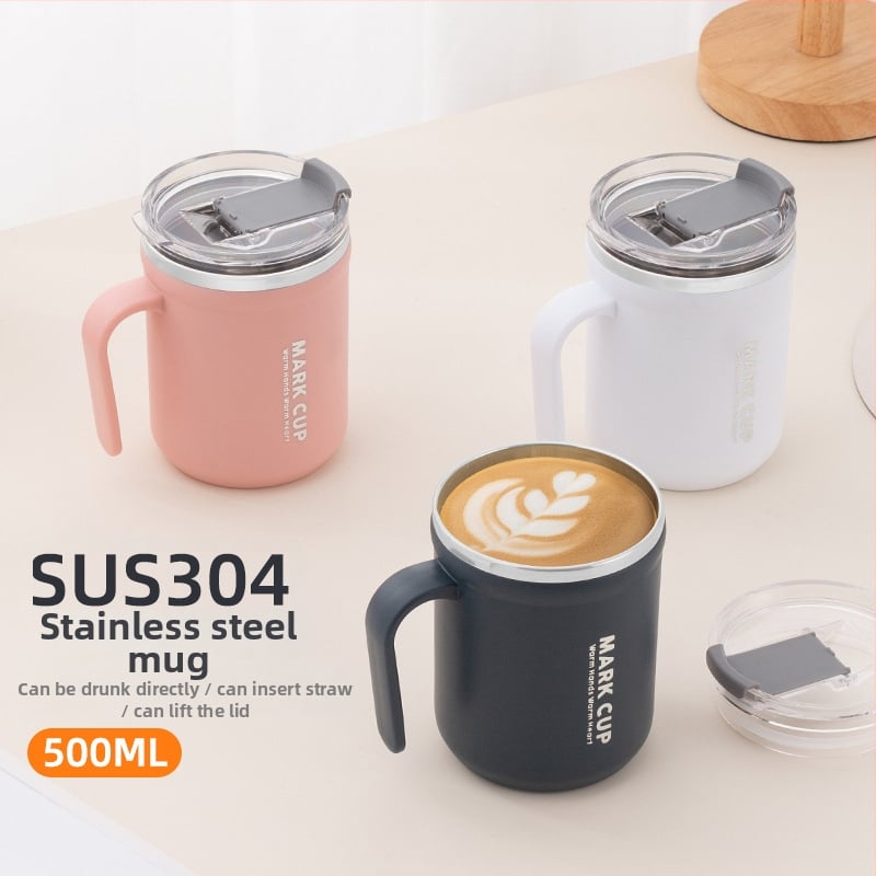 Pohár z 304 nehrdzavejúcej ocele s viečkom a držadlom — proti popáleniu, vhodný na kávu/mlieko, kancelárske použitie