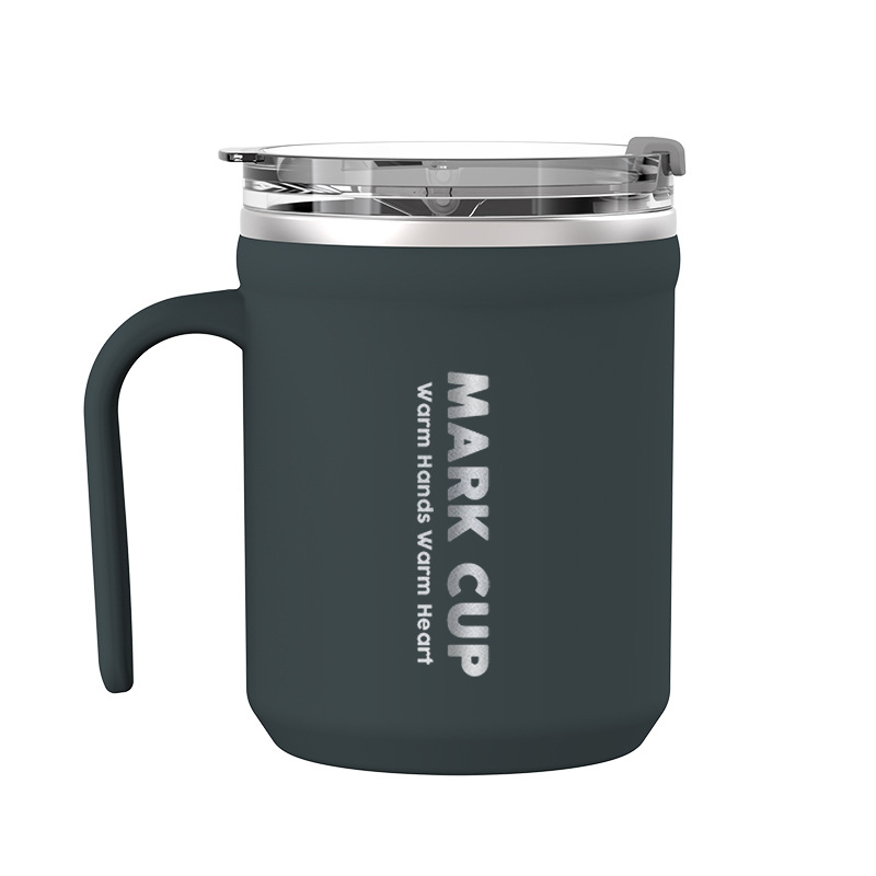 Pohár z 304 nehrdzavejúcej ocele s viečkom a držadlom — proti popáleniu, vhodný na kávu/mlieko, kancelárske použitie