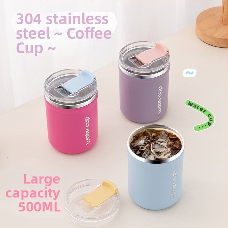 Pohár na vodu z nerezovej ocele 304 s viečkom, objem 500 ml, vhodný na čaj, kávu a mlieko