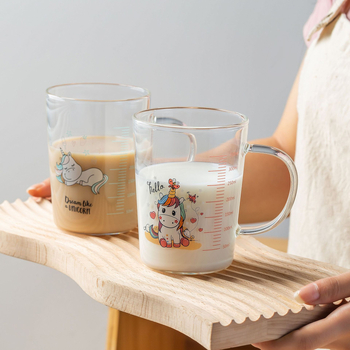 Sklenená šálka na mlieko s karikatúrnym vzorom, borosilikátové sklo, odolná voči teplu, s držadlom