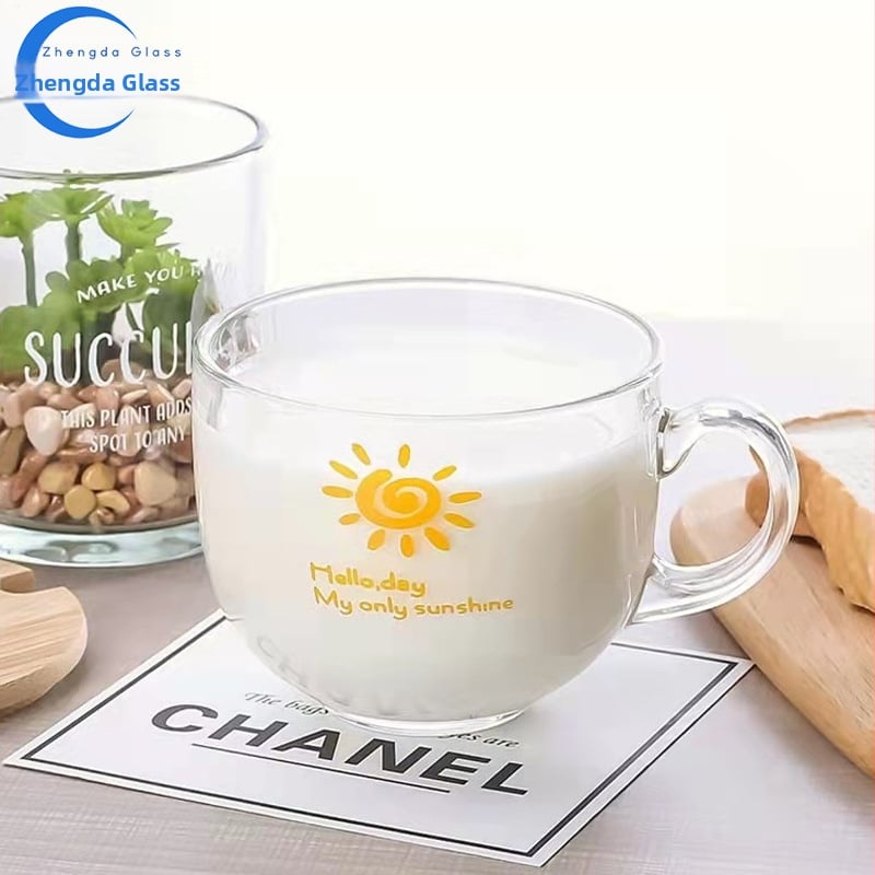 Šálka na kávu s drškom - odolné voči teplu sklo, okrúhly tvar, jednovrstvá konštrukcia, tlačené logo