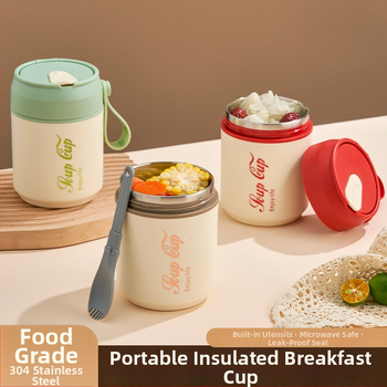 Nerezový pohár na raňajky s viečkom a lyžičkou, dvojvrstvová izolácia, guľatý prenášací pohár na kašu a mlieko