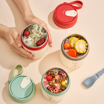 Nerezový pohár na raňajky s viečkom a lyžičkou, dvojvrstvová izolácia, guľatý prenášací pohár na kašu a mlieko