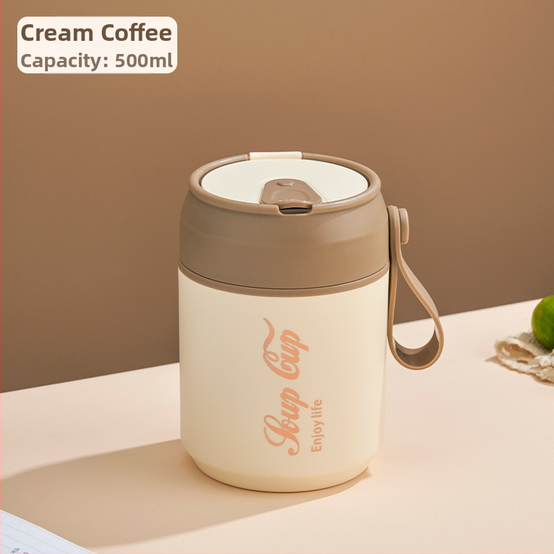 Nerezový pohár na raňajky s viečkom a lyžičkou, dvojvrstvová izolácia, guľatý prenášací pohár na kašu a mlieko