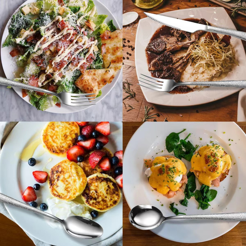 Set z nerezovej ocele 304 s kladivovým vzorom – stolný nôž, nô na steak, vidlička a lyžica; zosilnená verzia, severský štýl, zrkadlový lesk