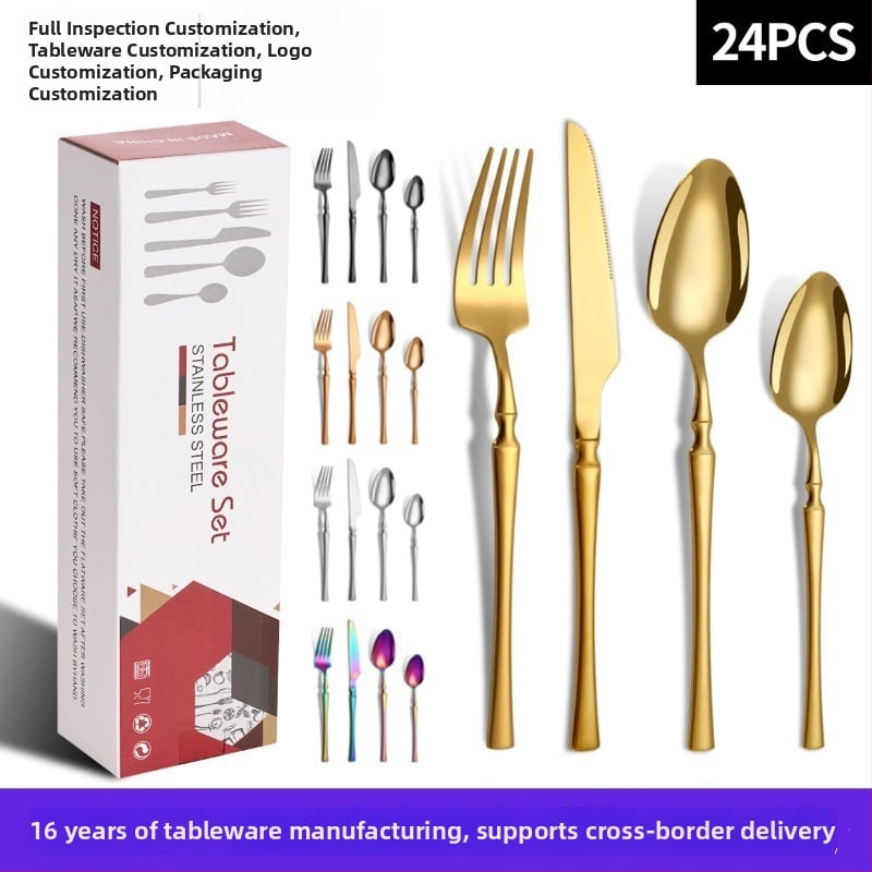 24-dielny set príborov z nehrdzavejúcej ocele 410: 6 nožov na jedlo, 6 vidličiek, 6 lyžíc na jedlo, 6 dezertných lyžíc; zrkadlový lesk, moderný minimalistický štýl; prispôsobenie k dispozícii