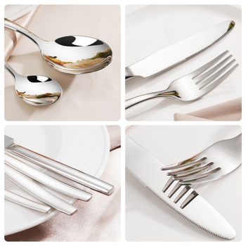 Sada príbora: nôž, vidlica, lyžica; nerezová oceľ 304; štvorhranná rukoväť; zrkadlové leštenie; tlač loga