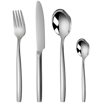 Sada príbora: nôž, vidlica, lyžica; nerezová oceľ 304; štvorhranná rukoväť; zrkadlové leštenie; tlač loga